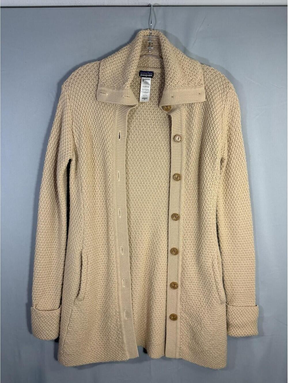 Patagonia Merino Wool Cardigan Sweater Coat Shawl Collar Button Womens S Beige - Picture 9 of 9